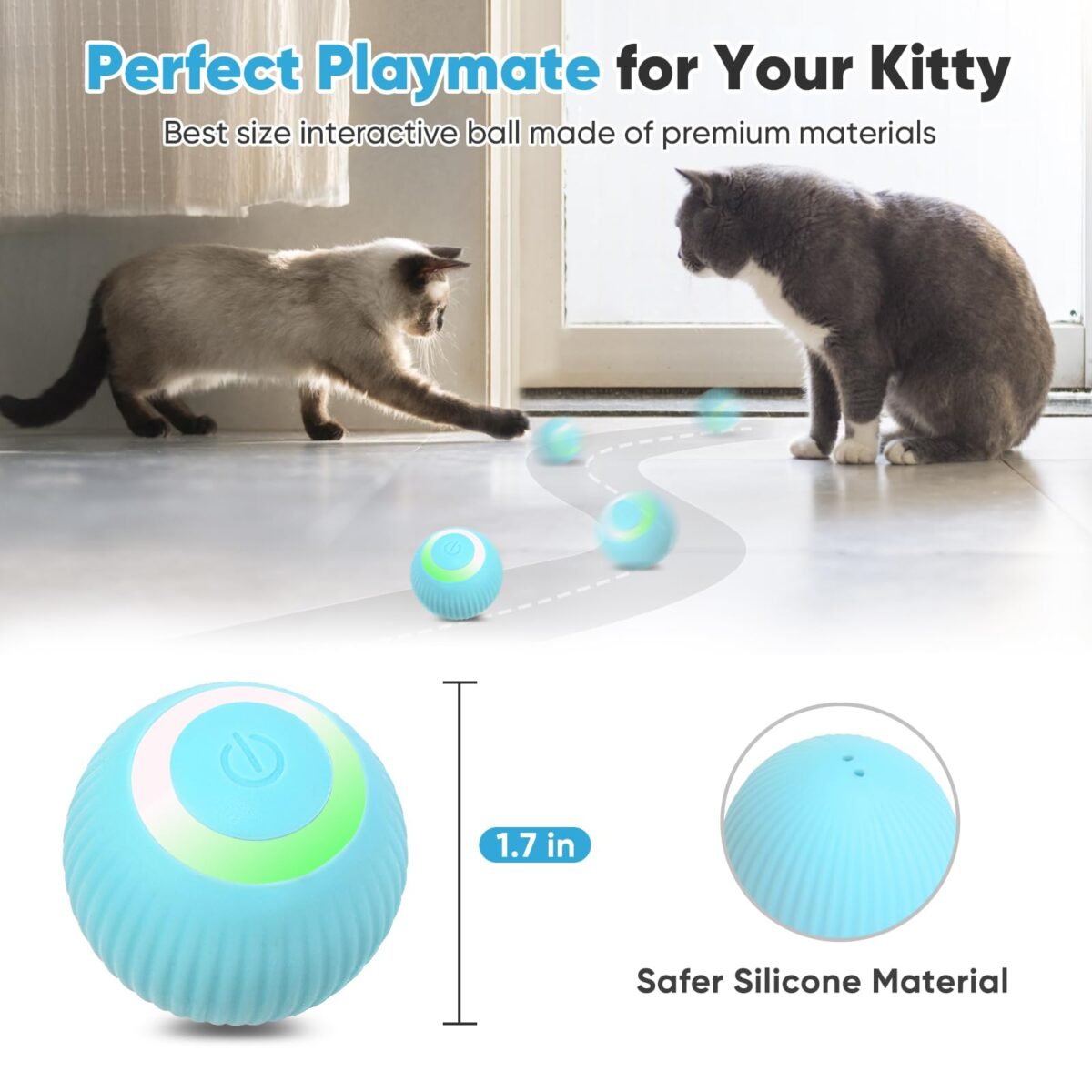 PetGravity 1.7 inch Smart Rotating Ball - Premium Silicone Interactive Cat Toy