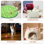PetGravity Automatic Cat Ball Toy shown for use in various scenes like the Living Room, Cat Nest, Cardboard Box, and Cat Hood.